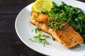 Grilled salmon with thyme, lemon and spinach on a white plate on Royalty Free Stock Photo