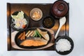 Grilled Salmon with Vegetables and Rice. Japanese food set. Royalty Free Stock Photo