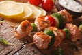 Grilled salmon and vegetables on skewers close-up. horizontal Royalty Free Stock Photo