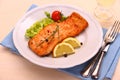 Grilled salmon, vegetables and wine Royalty Free Stock Photo