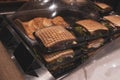 Grilled sandwiches with chicken and salad in the boxes. Royalty Free Stock Photo