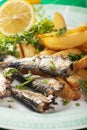 Grilled sardine fish with potato wedges Royalty Free Stock Photo