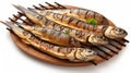 Grilled Sardine On Wood Plate With Herbs In Uhd Rtx Style