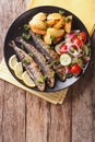 Grilled sardines with roasted potatoes and fresh vegetable salad Royalty Free Stock Photo