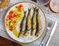 Grilled sardines served with fresh vegetable salad Royalty Free Stock Photo