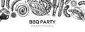 Grilled sausage and beer banner. Hand-drawn fast food illustration. Barbeque party sketched banner. German food and drinks