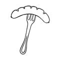 Grilled sausage on fork hand drawn outline doodle icon. Vector sketch isolated on white background Royalty Free Stock Photo