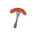 Grilled sausage on fork hand drawn outline doodle icon. Vector sketch isolated on white background Royalty Free Stock Photo