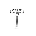 Grilled sausage on fork hand drawn sketch icon.