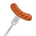 Grilled Sausage on Fork isolated on a white background. Fast food concept. Colored line art. Retro design.