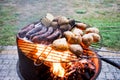 Grilled sausage and potaoes, barbecue Royalty Free Stock Photo