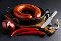 Grilled sausage rolled into a ring on a cast-iron pan with cutlery, a wooden cutting board, hot peppers and red onions Royalty Free Stock Photo