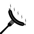 Grilled sausage smiles on fork. Vector silhouette.