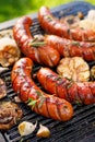 Grilled sausages with the addition of herbs and vegetables on the grill plate, outdoor, close-up Royalty Free Stock Photo