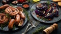 Grilled sausages, and baked red cabbage with cheese, rosemary and cranberries on a black plate. Traditional German dish. Royalty Free Stock Photo