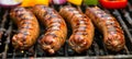 Grilled sausages and bbq feast on a neat table setting, tempting and clean, in a realistic style. Royalty Free Stock Photo