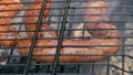 Grilled sausages on bbq. Variety `Original Nuremberg Rostbratwurst`.