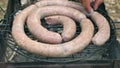 Grilled sausages on bbq. Variety `Original Nuremberg Rostbratwurst`.