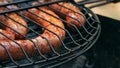 Grilled sausages on bbq. Variety `Original Nuremberg Rostbratwurst`.