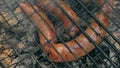 Grilled sausages on bbq. Variety `Original Nuremberg Rostbratwurst`.