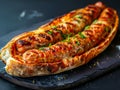 Grilled sausages on a black slate plate Royalty Free Stock Photo