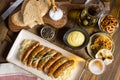 Grilled Sausages with Cabbage Salad, Mustard and Beer Royalty Free Stock Photo