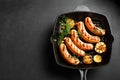 Grilled sausages on cast iron grill pan