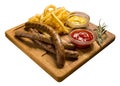 Grilled sausages with french fries with ketchup and mustard on a wooden stand. Isolated image on a white background Royalty Free Stock Photo