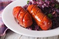 Grilled Sausages with a garnish of red cabbage close-up. Horizon Royalty Free Stock Photo
