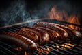 Grilled sausages on the grill with flames and smoke. Royalty Free Stock Photo