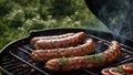 Grilled sausages on the grill plate, outdoor