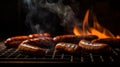 Grilled sausages on the grill with smoke and flame, generative AI tools Royalty Free Stock Photo