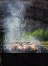 Grilled sausages on grill with smoke Royalty Free Stock Photo