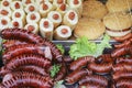 Grilled sausages and hot dog, close up. Street food