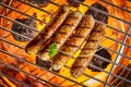 Grilled sausages on hot grill from above Royalty Free Stock Photo