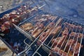 Grilled sausages and meat, barbecue grilled on coals.