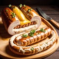 Grilled sausages with mustard and parsley on wooden board. Royalty Free Stock Photo