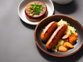 grilled sausages with sausage and vegetables on plate , AI Generated Royalty Free Stock Photo