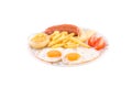 Grilled sausages with two eggs, tomatoes and french fries