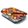 Grilled sausages with vegetables in a baking dish on a white background Royalty Free Stock Photo