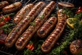 Grilled sausages with vegetables on barbecue grill, closeup Royalty Free Stock Photo