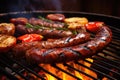 Grilled sausages with vegetables on the grill, closeup, Beef steak and sausages on barbecue grill, closeup, AI Generated Royalty Free Stock Photo