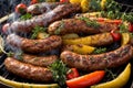 Grilled sausages with vegetables on grill pan, closeup Royalty Free Stock Photo