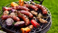 Grilled sausages and vegetables on a grilled plate, outdoor. Royalty Free Stock Photo