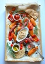 Grilled sausages and vegetables platter served with humus and pita bread, Royalty Free Stock Photo