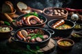 Grilled sausages with vegetables and spices in rustic style Royalty Free Stock Photo