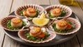 Scallops exhibit a golden-brown sear, and the natural pink and Royalty Free Stock Photo