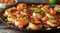Seared Scallops Served on Rustic Plate with Fresh Tomato and Herbs Salsa Topping Royalty Free Stock Photo