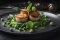 Grilled scallops with green peas and microgreens