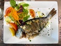 grilled sea bream fish on white plate Royalty Free Stock Photo